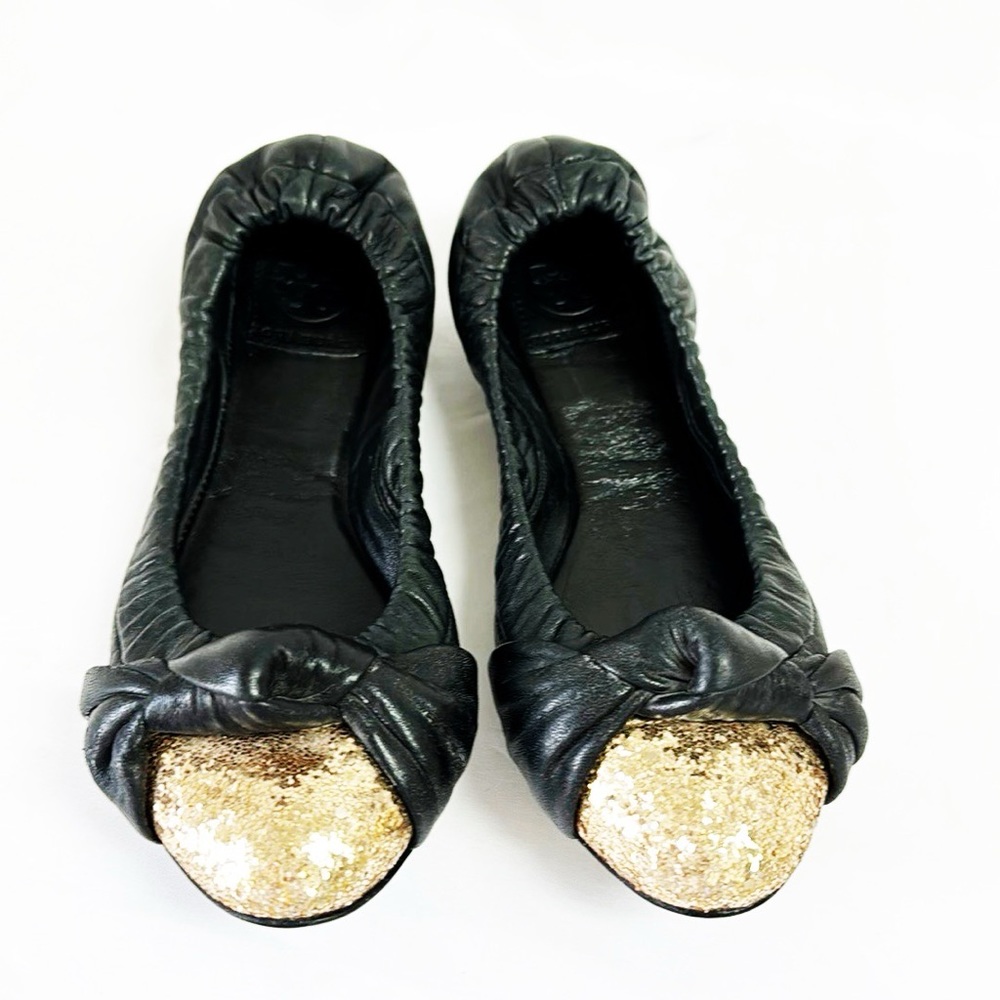 TORY BURCH “Katie” Black Leather Ballet Flats With Gold Glitter Toe Size 7 - Picture 5 of 10